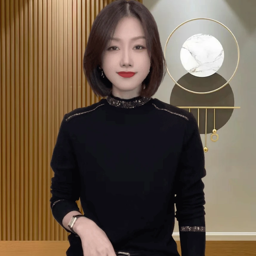秋冬2025新款洋气减龄半高领烫钻打底衫女纯色长袖百搭显瘦上衣女