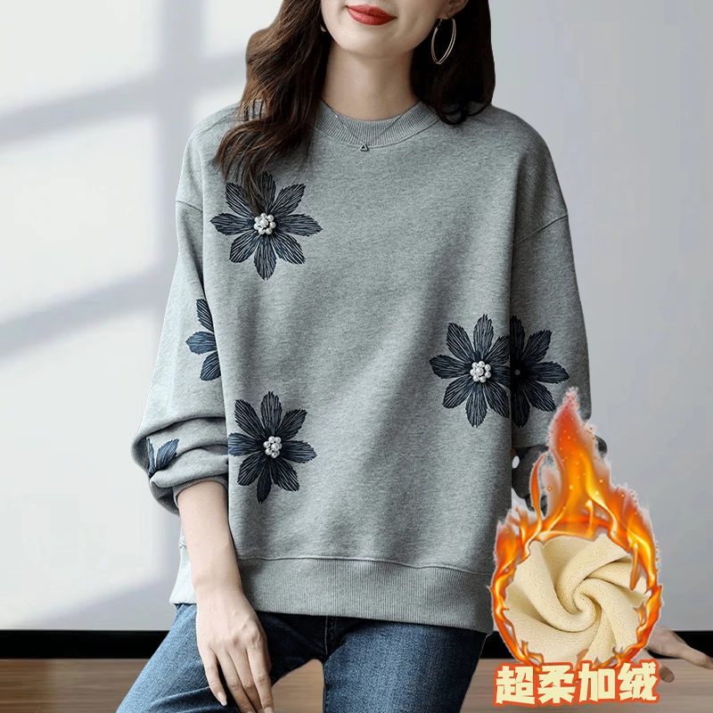 【加绒/不加绒】2025春秋加绒保暖卫衣女重工印花钉珠工艺宽松上衣
