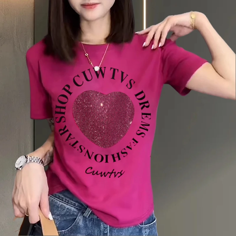 2025夏季新款洋气爱心烫钻短袖女T恤设计感时尚气质修身显瘦上衣