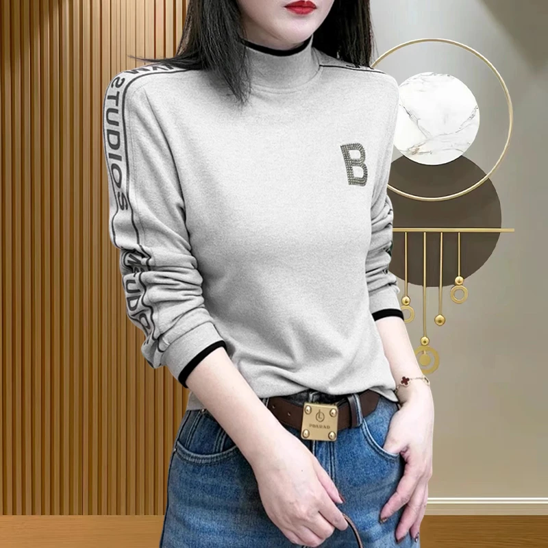 秋冬2024新款字母烫钻长袖百搭双面德绒半高领显瘦打底衫女上衣服