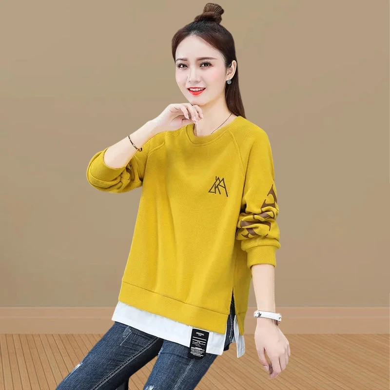 6657#优质棉假两件卫衣女2025春季款新印花刺绣拼接宽松上衣T05#