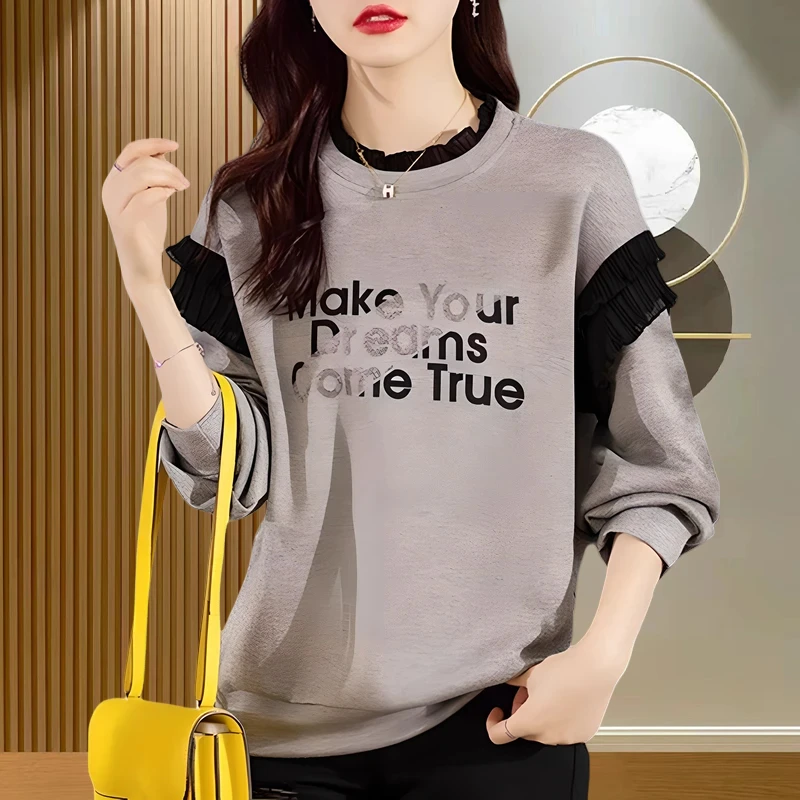 秋冬2024新款韩版蕾丝拼接印花烫钻卫衣女设计感洋气减龄显瘦上衣