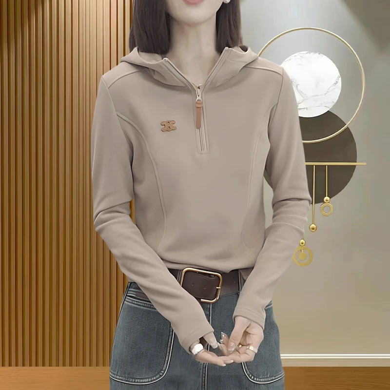 2025春季新款德绒连帽卫衣女半拉链设计感时尚百搭显瘦长袖上衣女