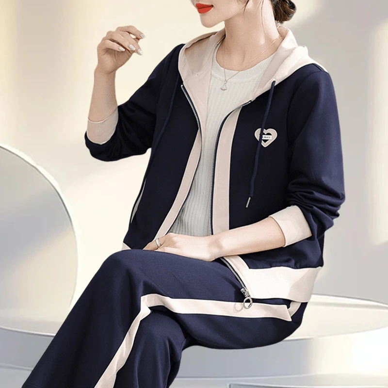 韩版连帽卫衣两件套女运动套装春秋2024新款时尚减龄外套妈妈装