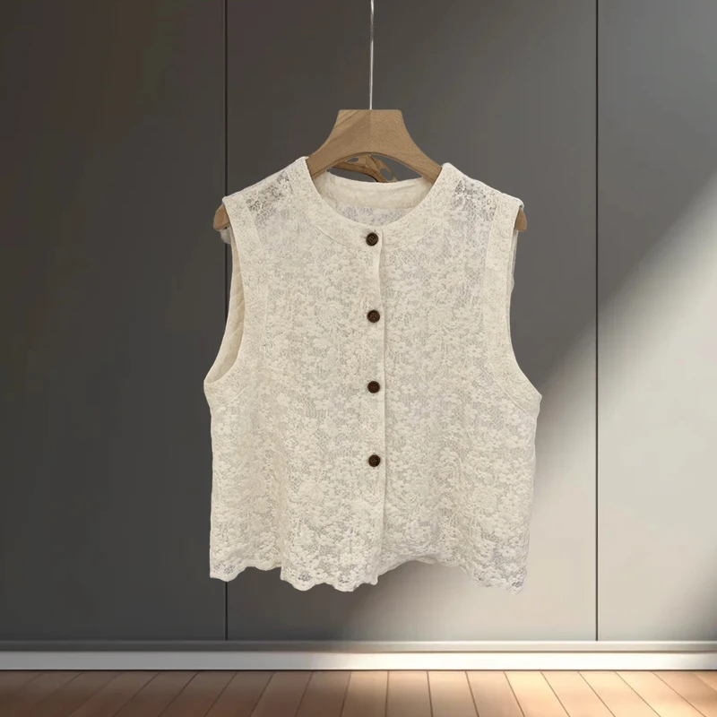 2025夏季新款法式气质蕾丝衬衫女无袖马甲单排扣时尚显瘦名媛上衣