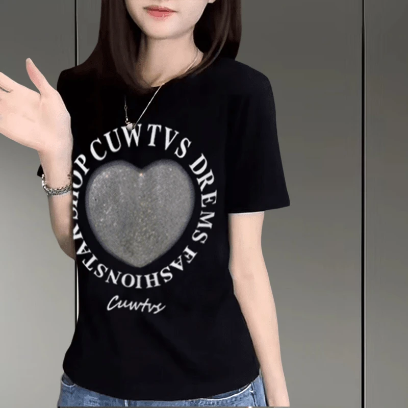 纯棉爱心烫钻短袖T恤女夏季2025新款时尚女装设计感减龄显瘦上衣
