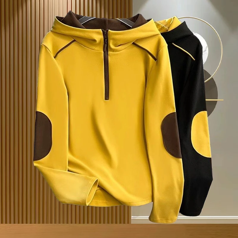 2025秋冬保暖连帽打底衫女时尚拼色半拉链设计长袖气质显瘦女上衣