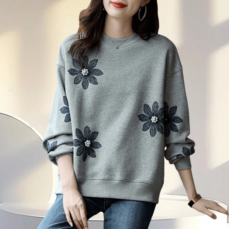 6611#重工花朵钉珠华棉卫衣女秋冬2025新款长袖圆领百搭显瘦上衣