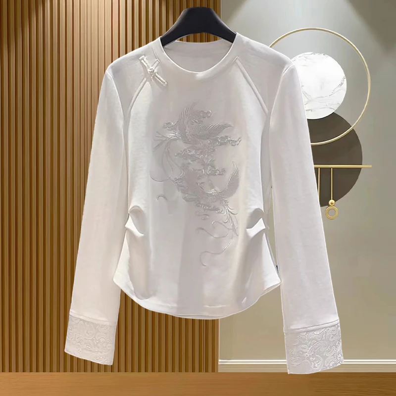 新中式刺绣布扣纯棉长袖t恤女2024秋冬季修身显瘦气质打底衫上衣