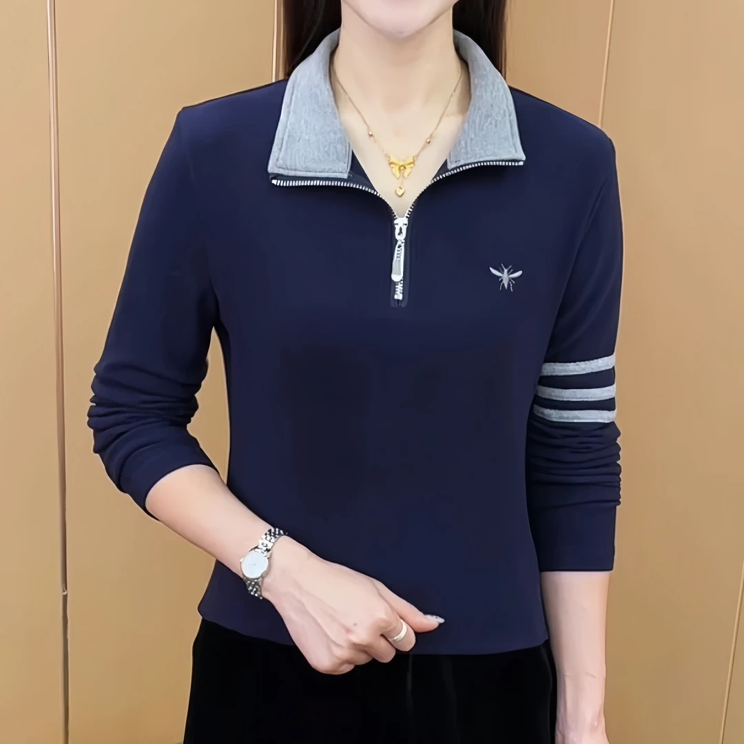2024冬季保暖立领打底衫女韩版刺绣拼接半拉链长袖气质显瘦女上衣