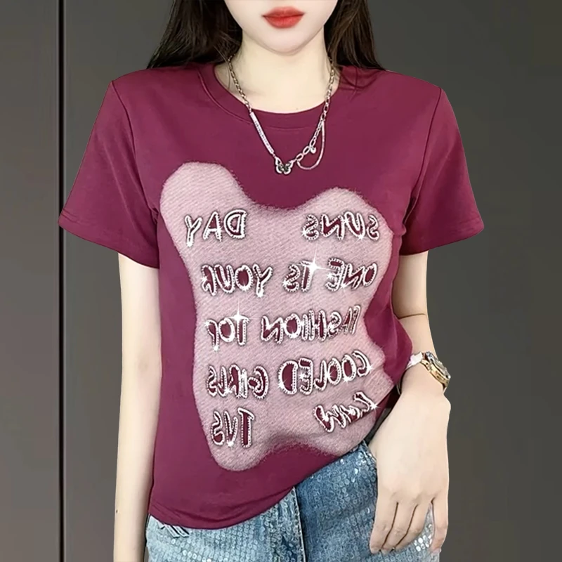 2025夏装新款棉短袖T恤女设计感烫钻字母印花时尚休闲百搭女上衣