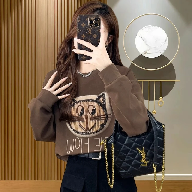 潮牌休闲华棉卫衣女2024秋冬新款重工贴布刺绣亮片时尚薄款长袖女