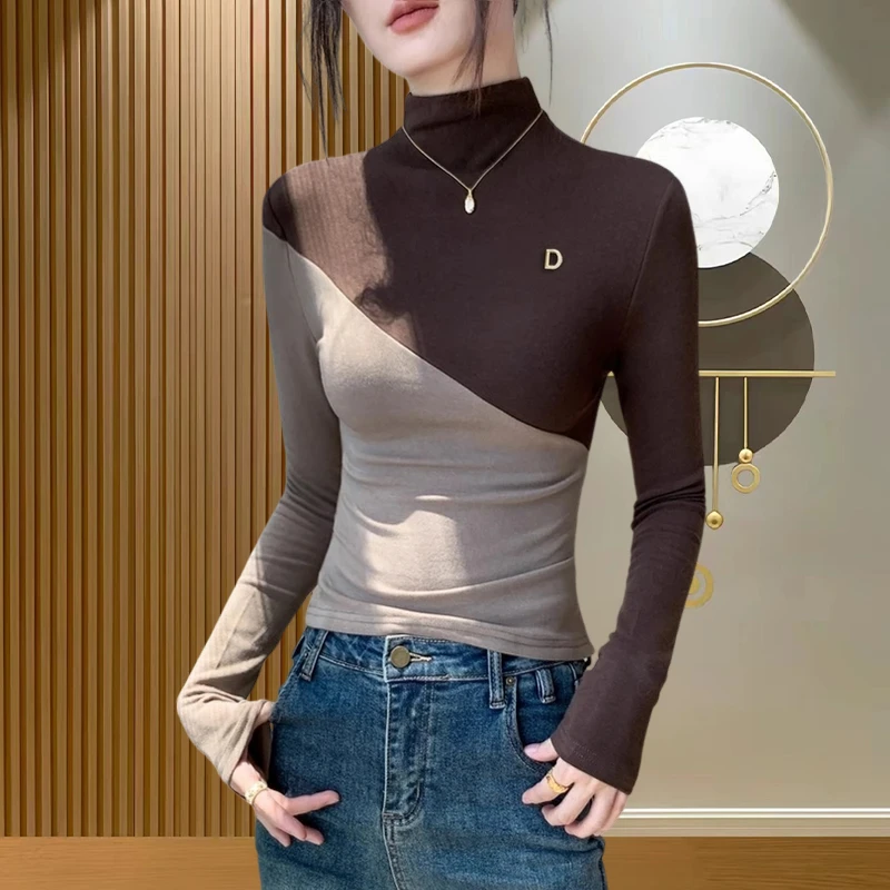 秋冬2024新款半高领打底衫女时尚撞色拼接长袖内搭修身显瘦女上衣