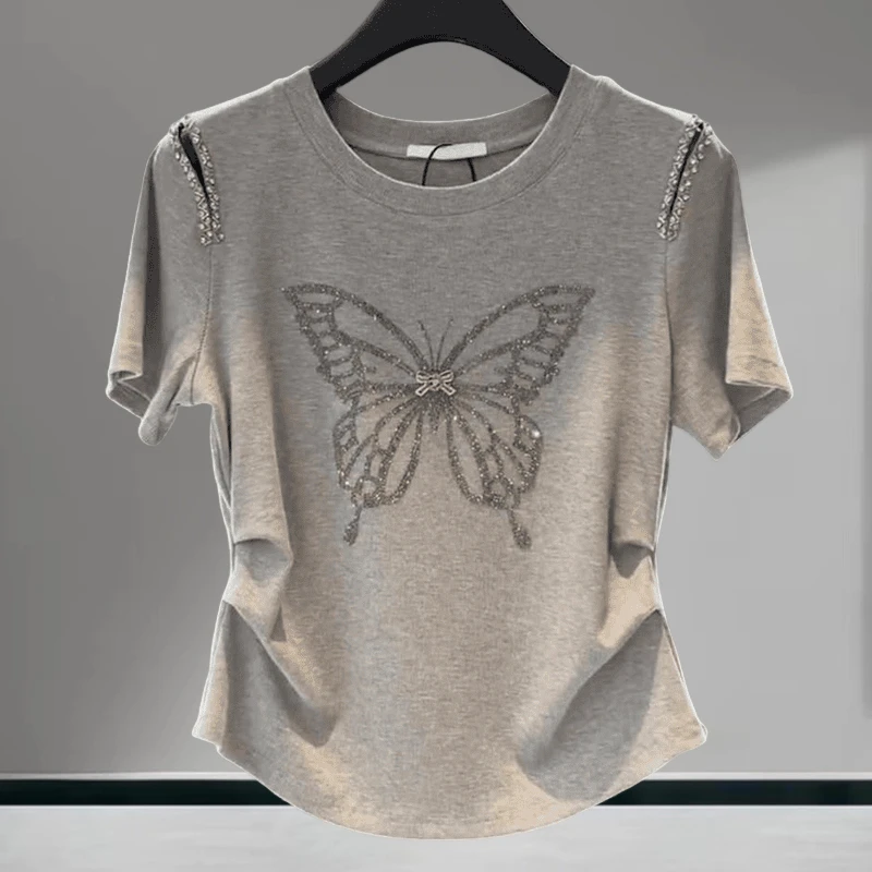 大码灰色露肩短袖T恤女夏季2025新款蝴蝶镶钻捏褶设计感显瘦上衣