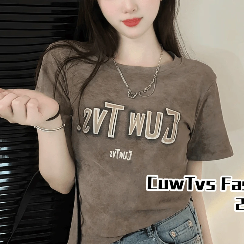 脏染字母印花潮款2024夏季新款短袖T恤女显瘦百搭时尚设计感上衣