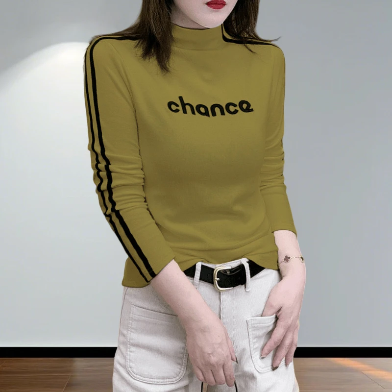 韩版半高领撞色拼接刺绣打底衫女2024秋冬新款时尚洋气显瘦上衣潮