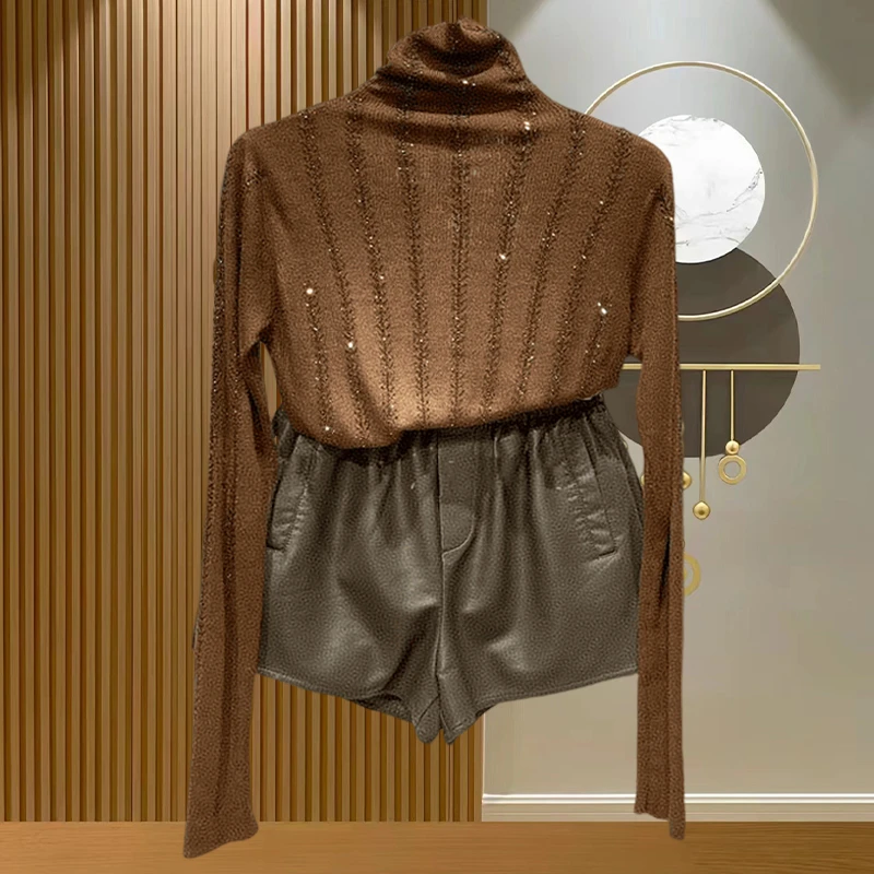 2025秋冬轻奢重工烫钻条纹高领内搭长袖打底衫女时尚气质681上衣