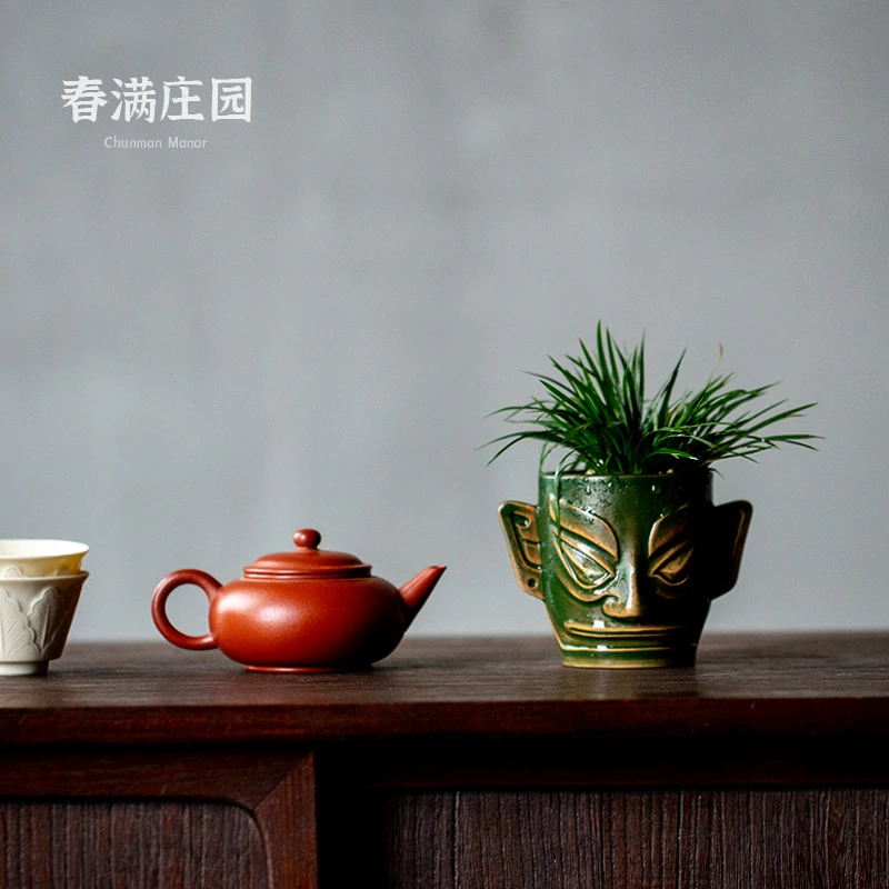 复古三星堆面具陶瓷花盆多内高端高颜值仿古花园创意陶瓷花盆多内
