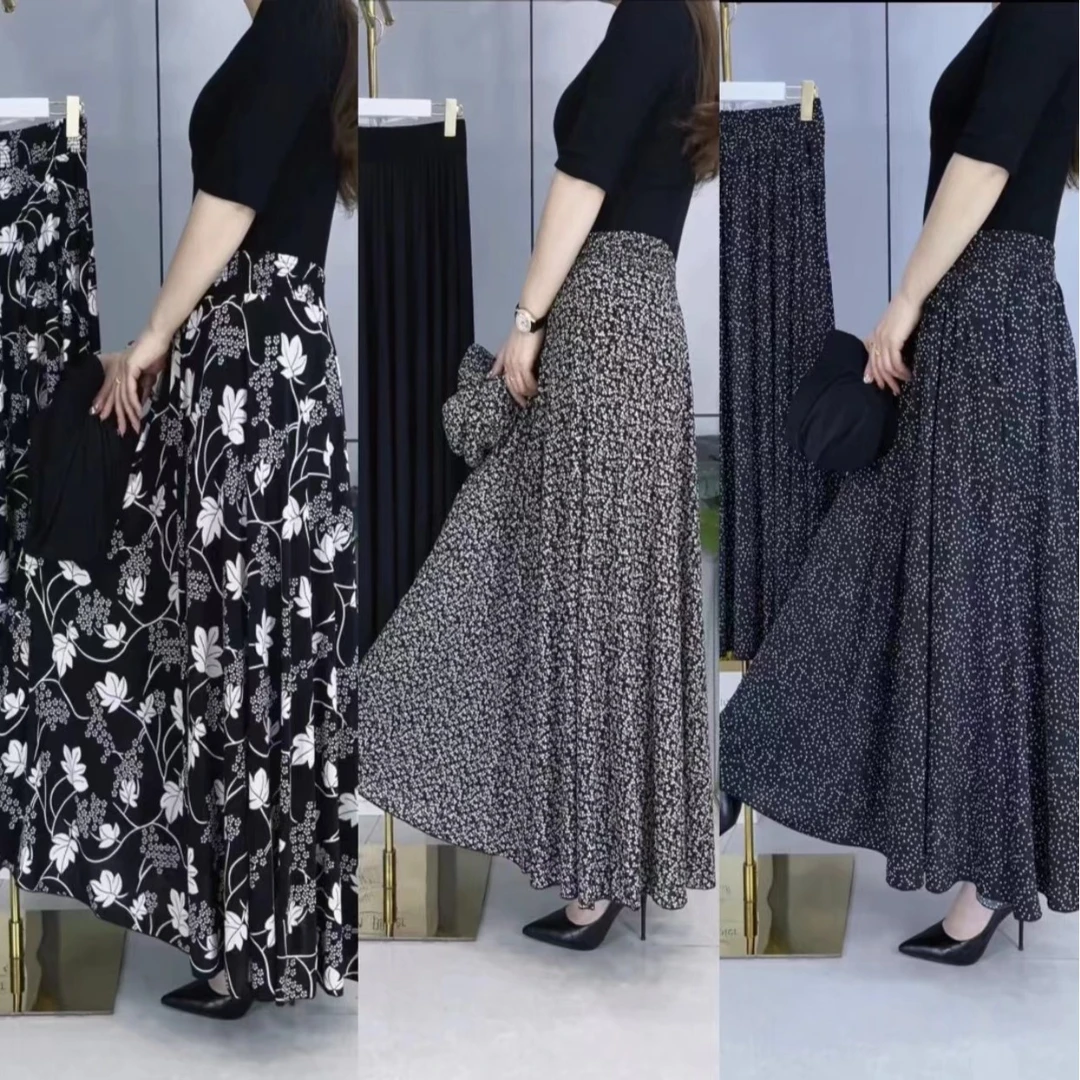 2023夏季新款时尚满半身裙 妈妈松紧腰中长款花色百搭大裙摆a字裙
