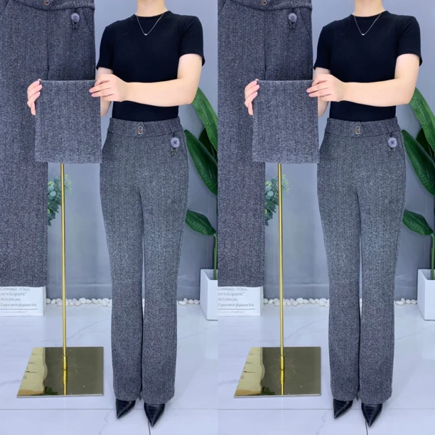 秋季新款毛呢挂坠时尚微喇裤女裤加肥加大时尚百搭显瘦