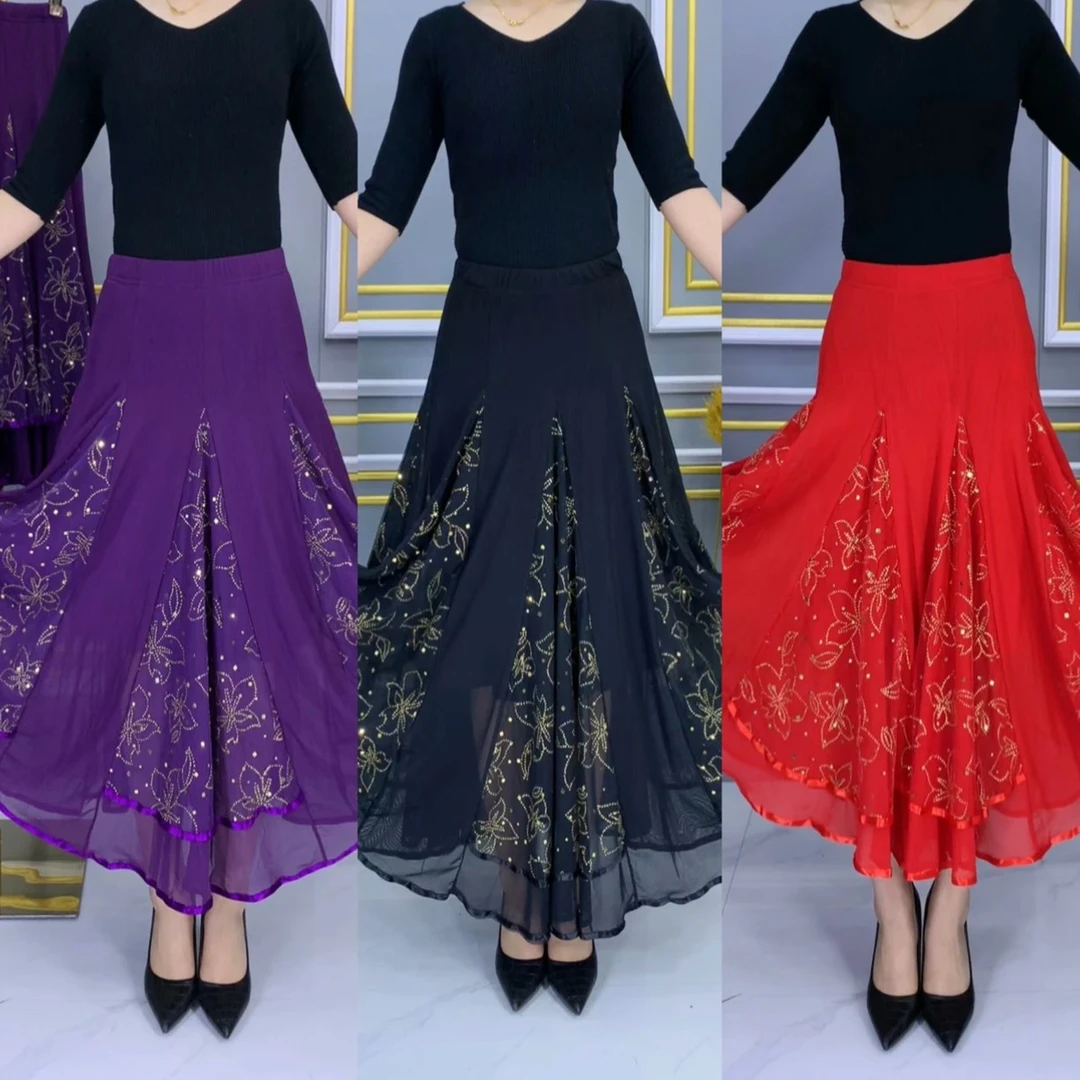 2023新款交谊舞大摆裙广场舞半身裙舞蹈裙子高档春夏摩登舞半身裙