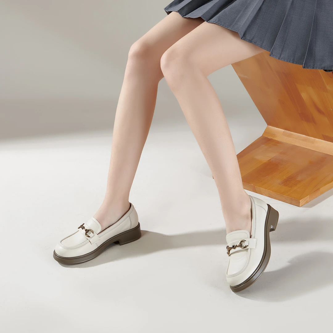 【商场同款】百田森学院风圆头乐福鞋女春夏新款时尚休闲百搭真皮