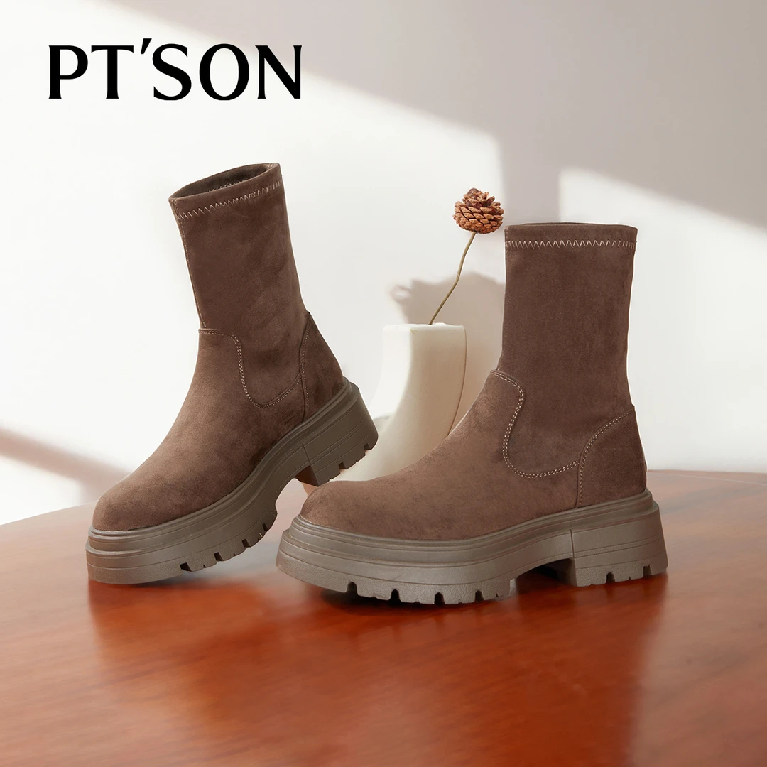 【琥珀流光】百田森弹力袜靴瘦瘦靴女厚底增高秋新款百搭短靴女擦色