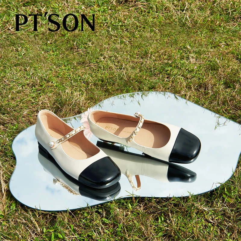 百田森春季羊皮玛丽珍鞋女法式春新链条珍珠小香风单鞋旅行法式