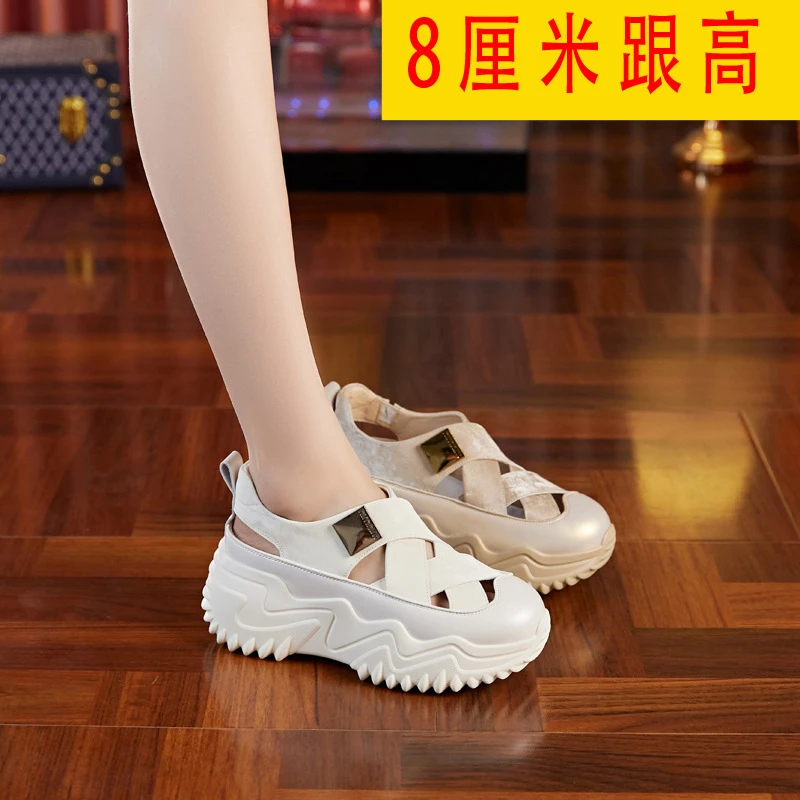 8182同款凉鞋女2024年夏季爆款增高8cm包头镂空真皮女士休闲鞋潮