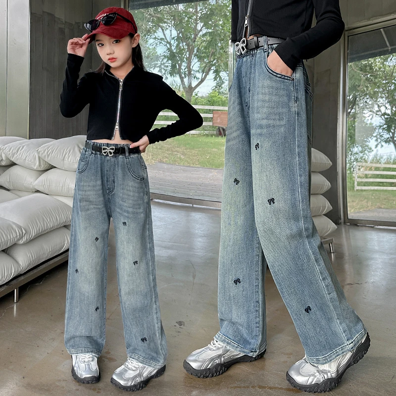 女童阔腿裤秋季新款中大童宽松直筒牛仔长裤时髦洋气秋装儿童裤子