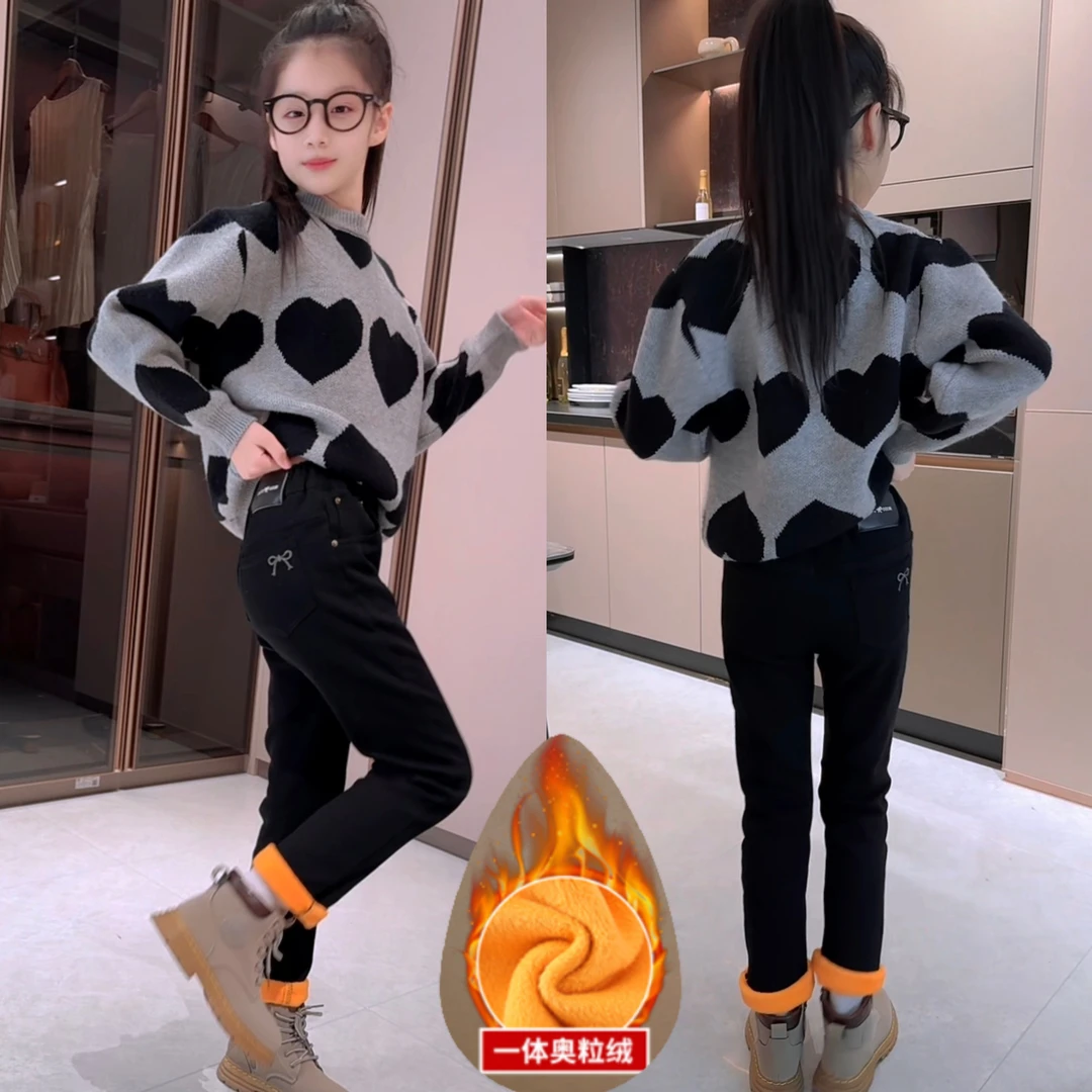 女童弹力烟管裤秋冬加绒2024新款儿童一体绒修身显瘦裤子女中大童