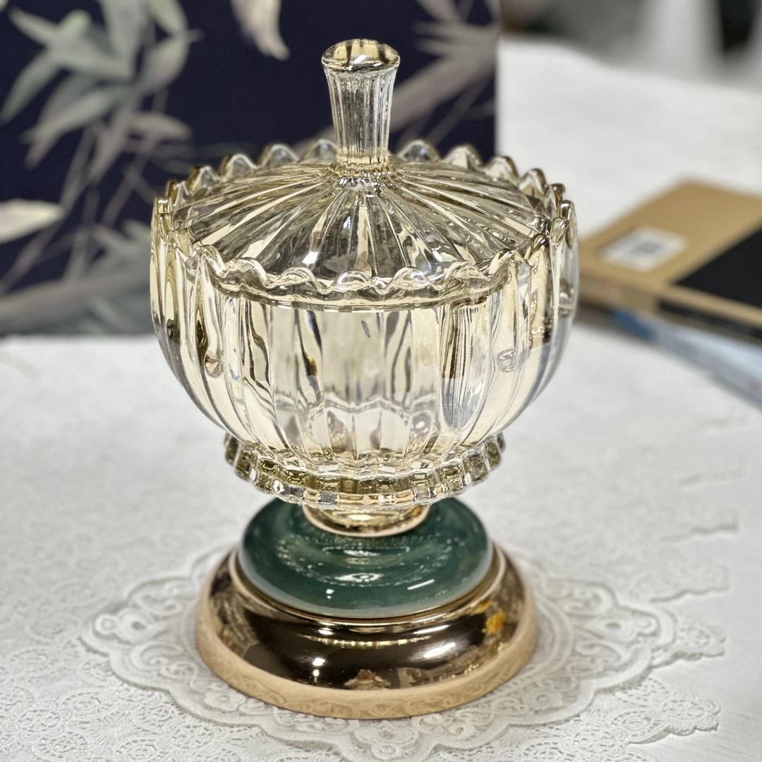 冰裂纹轻奢北欧风新品水晶玻璃水果盘带盖糖果罐干果盘客厅装饰品