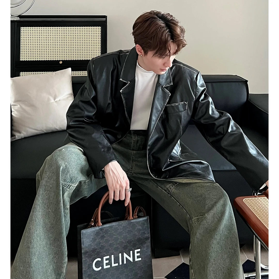 CGSYJ纯手工擦色做旧复古皮衣西服男韩版小众设计感西装秋季外套