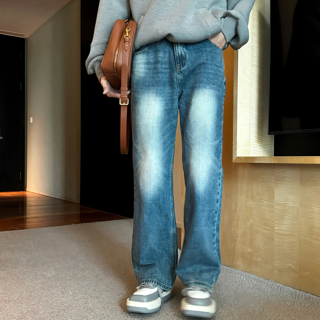 宽松蓝色牛仔裤男加长版高个子裤子韩系百搭直筒阔腿裤