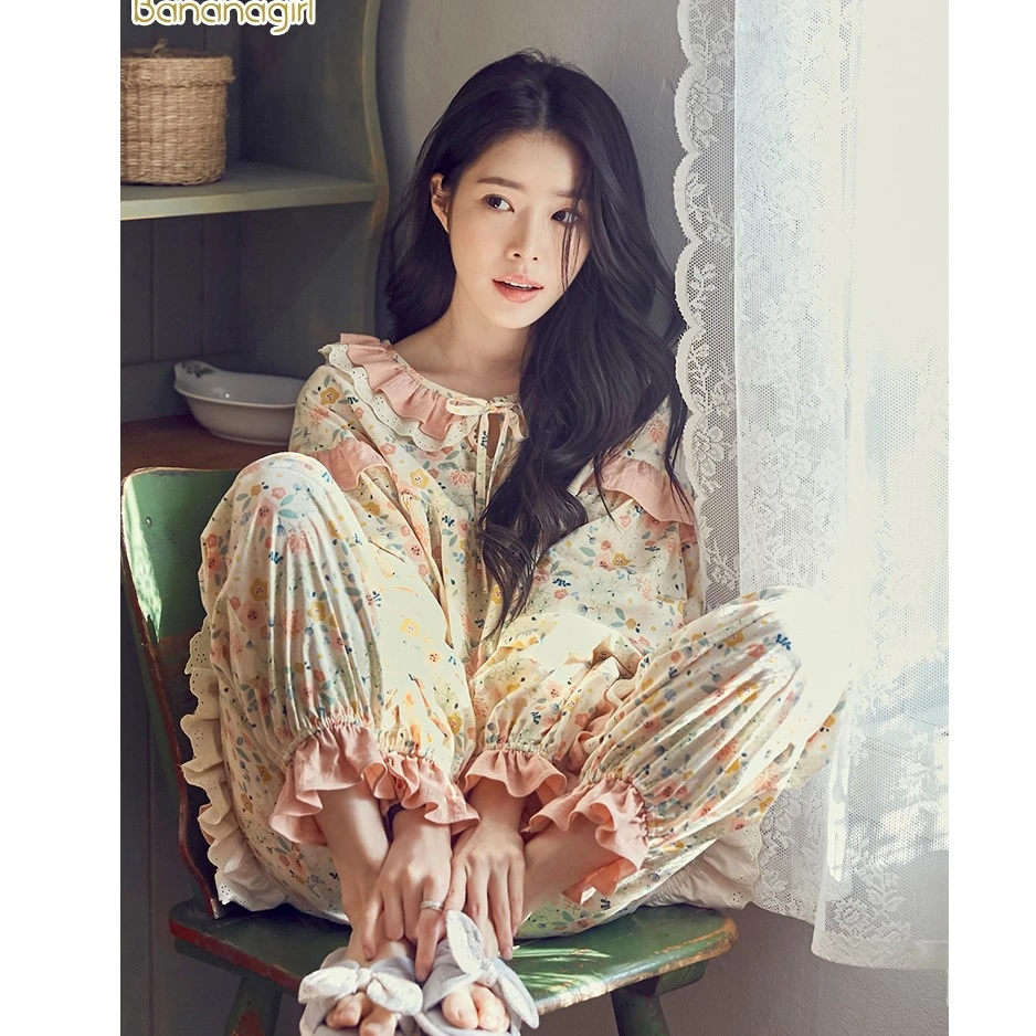 Bananagirl睡衣春秋女纯棉长袖韩版公主风碎花套装家居服