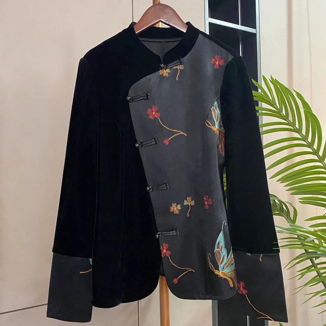 高定轻奢丝绒拼接醋酸锦缎重工刺绣国风上衣（非定位刺绣）