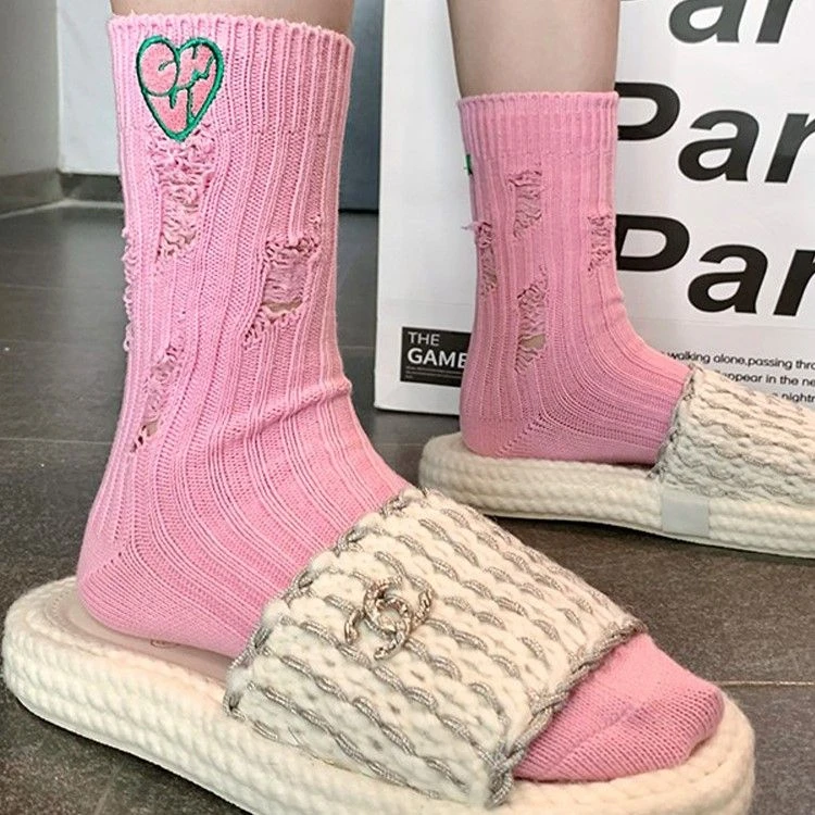 爱心刺绣破洞乞丐袜子 粗线网红复古做旧中高筒堆堆袜女ins潮百搭