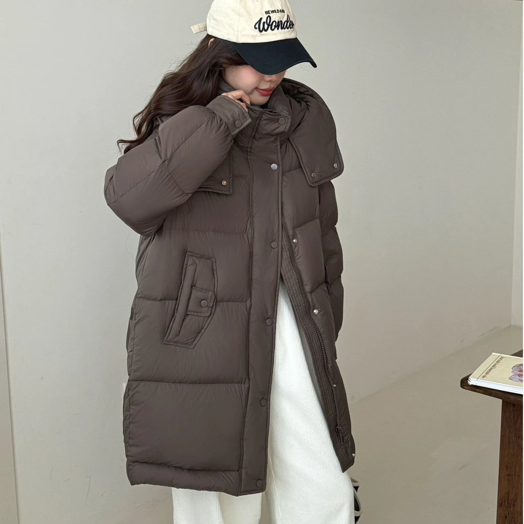 时尚韩版连帽羽绒服女中长款冬季新款宽松加厚羽绒外套