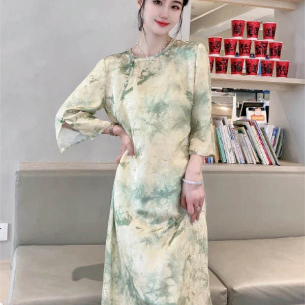 《晶晶定制》《春染》时尚新中式气质女装中国风绿色连衣裙0804