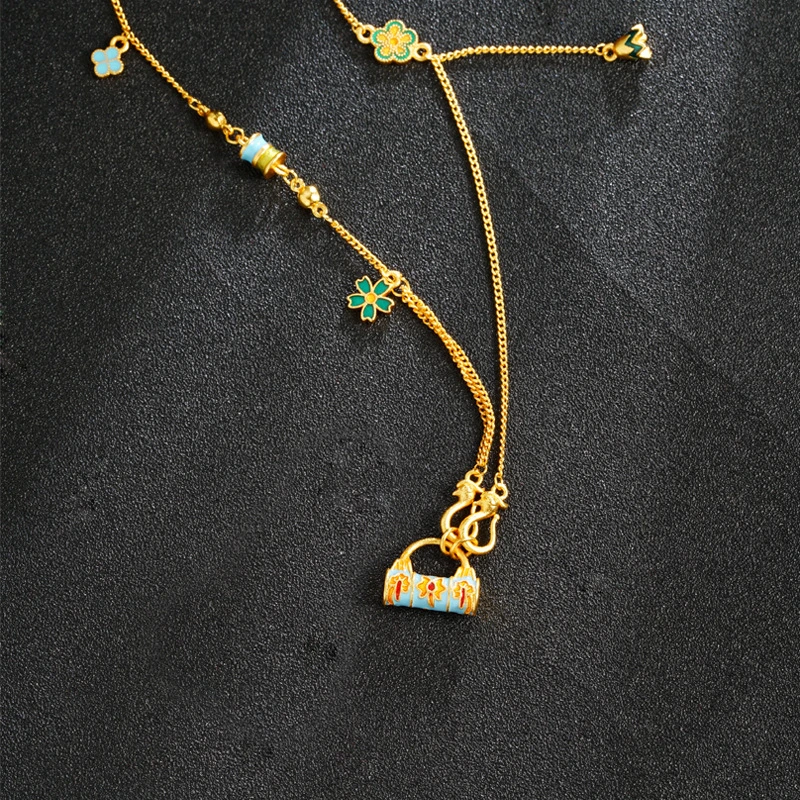 铜合金珐琅项链 国风吉祥如意锁毛衣链时尚滴油铃兰花项链百搭ins