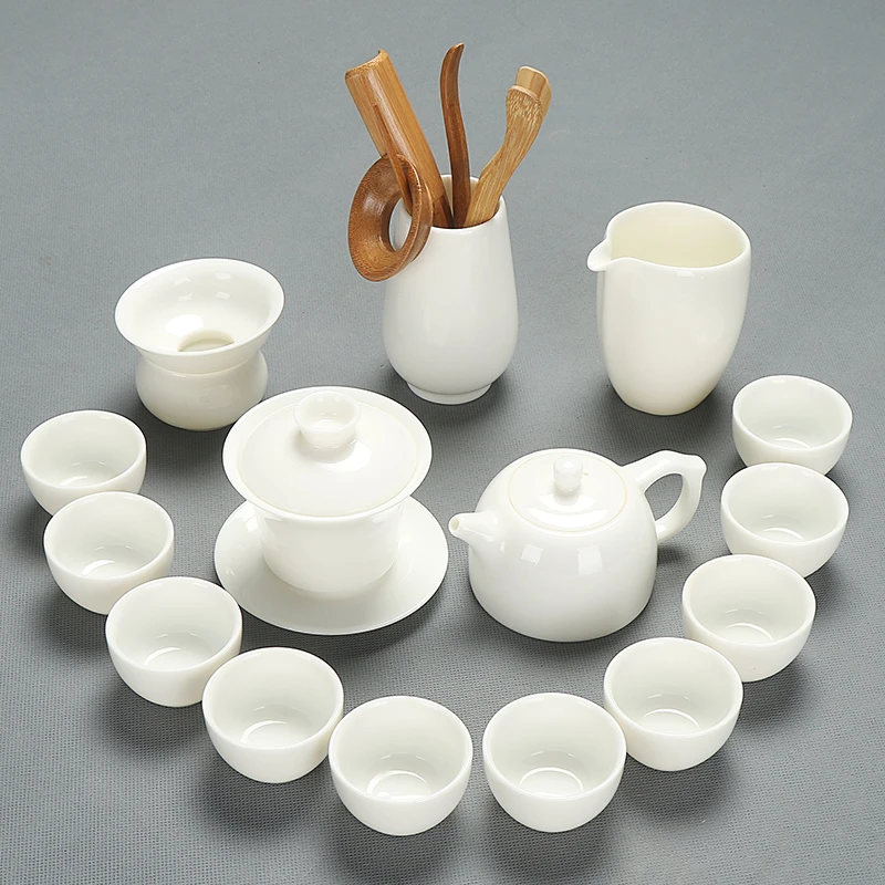 顾竹羊脂玉瓷茶具套装手工轻奢功夫茶杯办公室会客盖碗泡茶杯套装