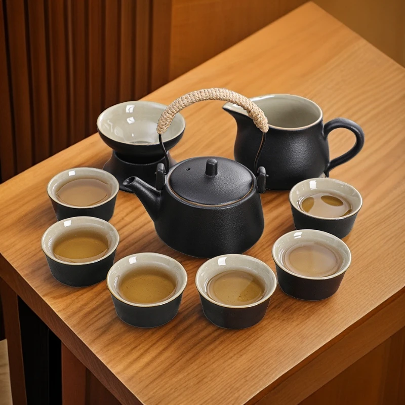 顾竹新款黑陶功夫茶具套装家用客厅陶瓷茶壶中式粗陶简约茶道茶盘