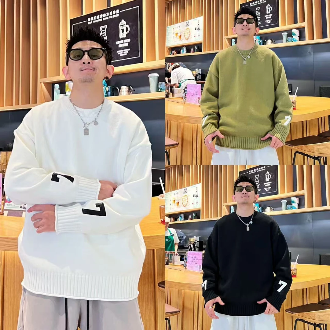 小众个性休闲春季新款潮流时尚字母设计感男士慵懒风长袖圆领毛衣