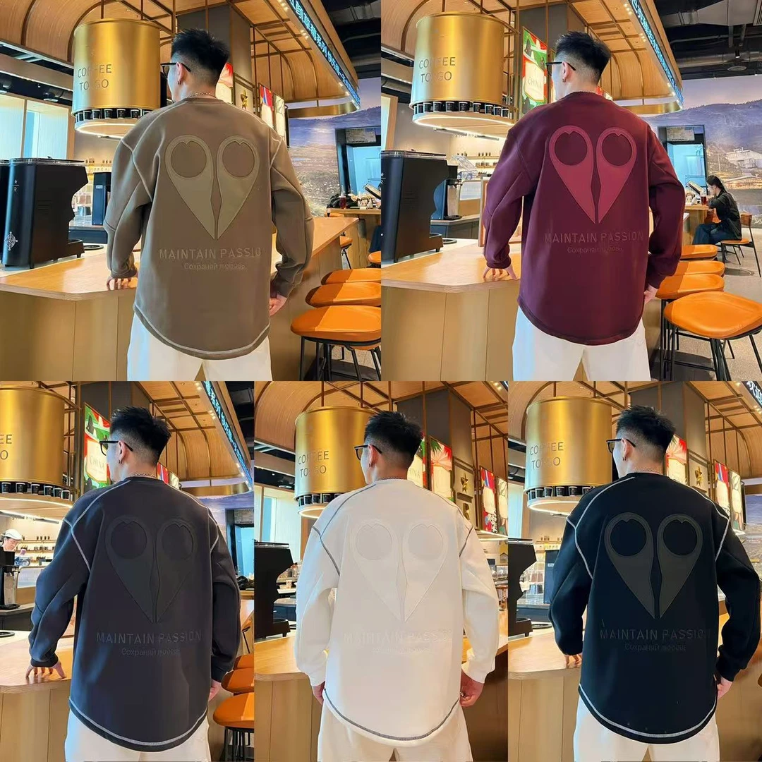 时尚美式明线设计感加绒保暖情侣穿搭圆领落肩宽松百搭长袖卫衣