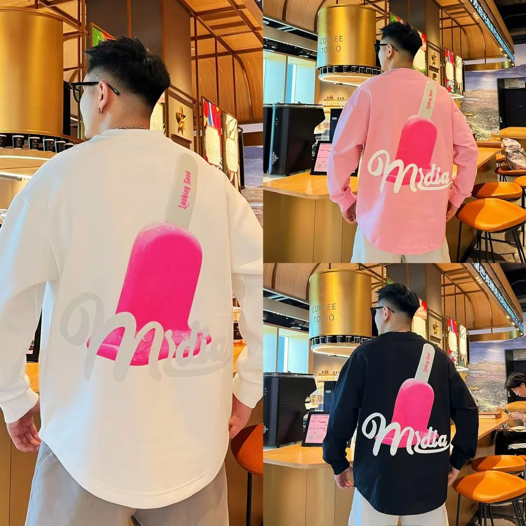 美式休闲青春活力百搭个性潮流字母印花设计男士新款长袖套头卫T