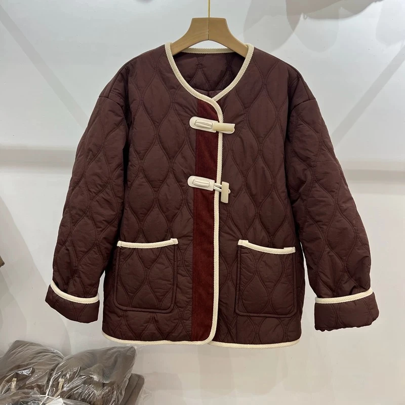 【代莹优选】5566 菱格夹棉外套女洋气秋冬新款撞色拼接棉服