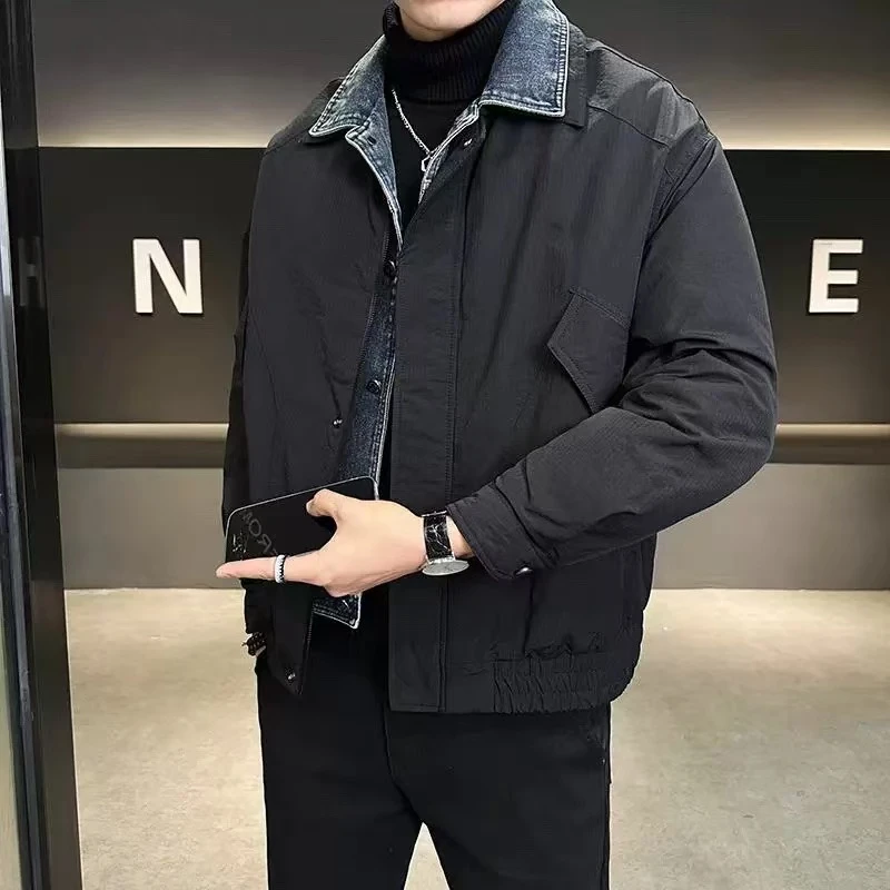 【代莹优选】9925假两件羽绒服男冬季高级感牛仔拼接痞帅夹羽绒服