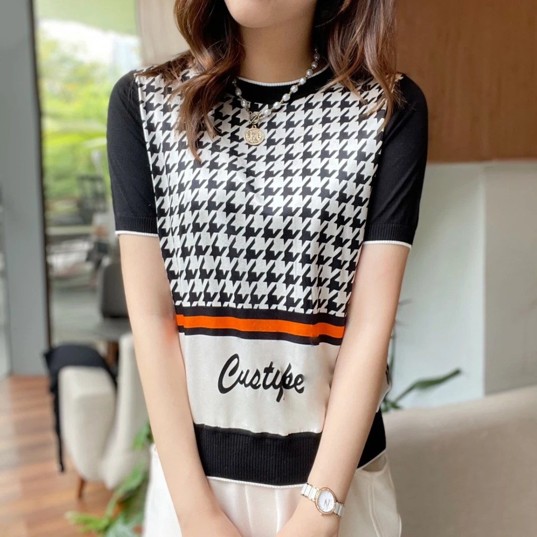 【复古千鸟格】TT HAN ER 黑色系列夏季新品套头短袖上衣701-166