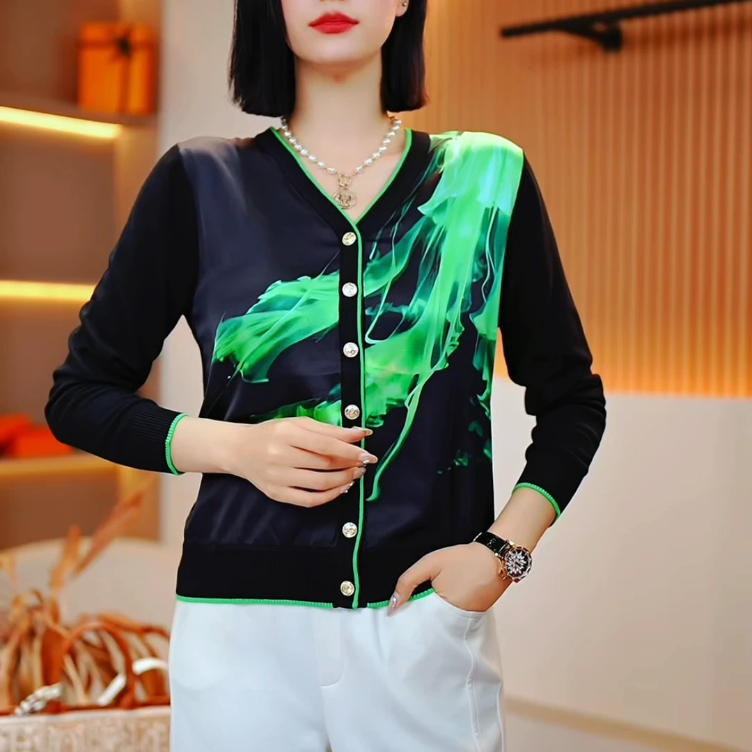 2024秋季新品长袖休闲女士复古印花百搭显瘦拼色外套-259