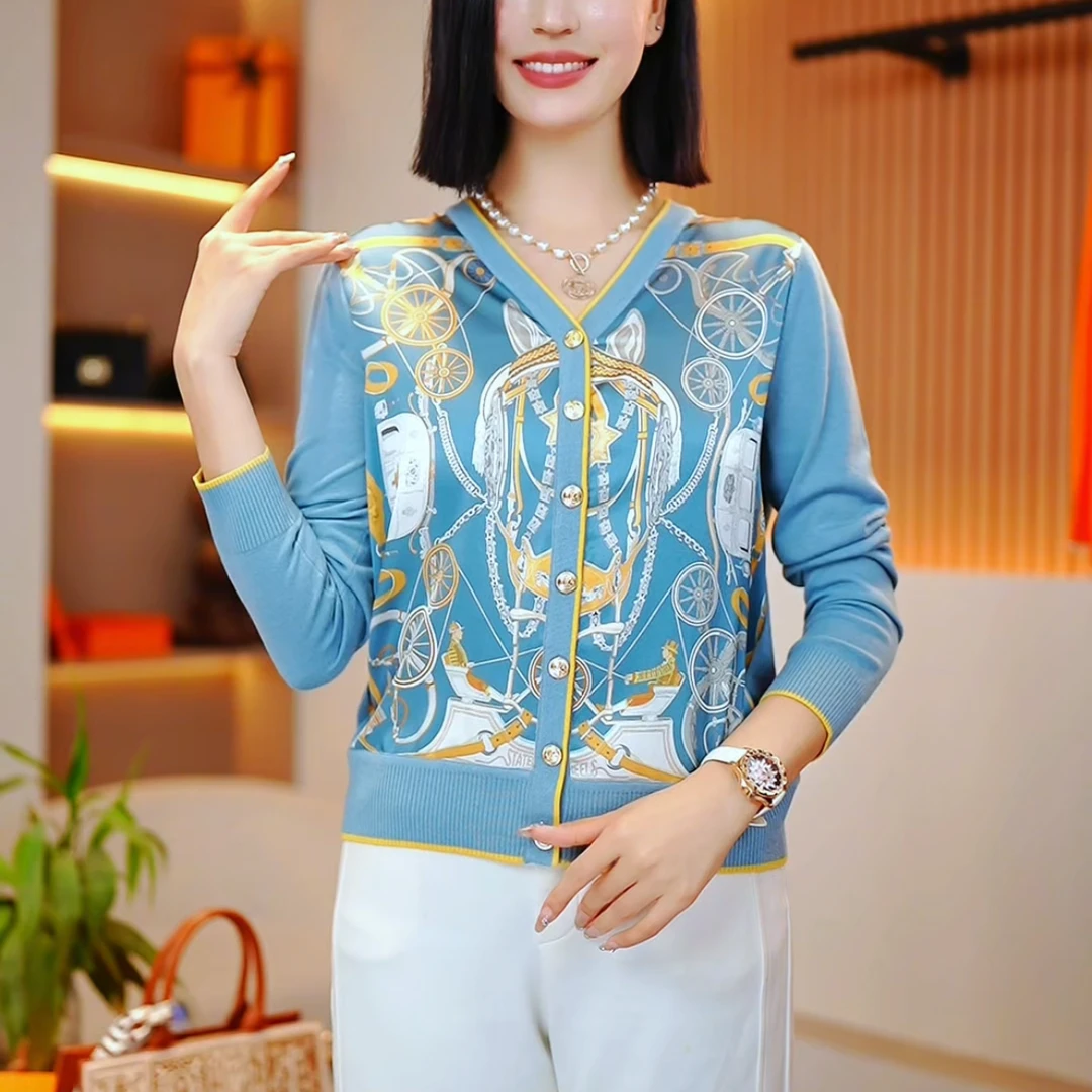 （八店）2025春季新品长袖休闲洋气女士复古印花百搭显瘦拼色